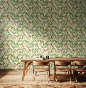 Hoopla Walls Leafy Patchwork Olive & Blush Smooth Matt Wallpaper