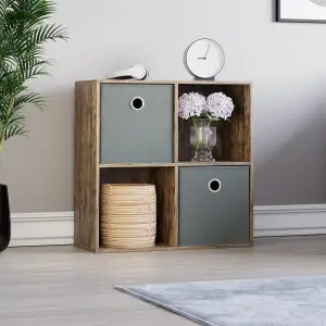 Vida Designs Durham Dark Wood 2x2 Cube Storage Unit & Set of 2 Grey Foldable Cube Storage Baskets