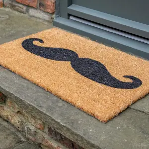 Printed Natural Coir Door Mat Novelty Moustache Decorative Heavy Duty Entrance Mat 45cm x 75cm Indoor / Sheltered Outdoor Use