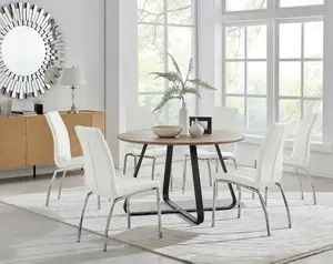 Furniturebox UK Santorini Brown Round Round Dining Table And 6 White Isco Chairs