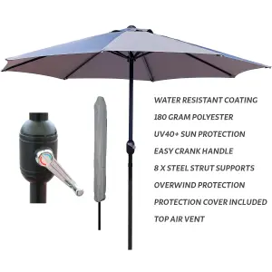 GlamHaus Garden Parasol Table Umbrella 2.7M with Crank Handle, UV40 Protection, Free Protection Cover, Robust Steel - Light Grey