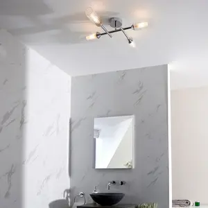 Luminosa Casoria Bathroom Multi Arm Glass Semi Flush Ceiling Lamp, Chrome Plate, Ribbed Glass, IP44