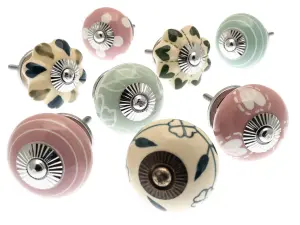 MangoTreeKnobs - Mixed Set of Pink, Eau de nil and Cream Ceramic Cupboard Knobs x Pack 8 (MG-193)