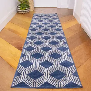 Navy Blue Modern Geometric Runner Rug 60x240cm