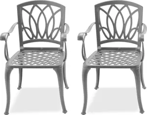 Homeology Positano 2-Large Garden and Patio Bistro Chairs with Armrests in Cast Aluminium Grey