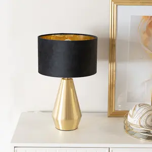 ValueLights Jax Gold Dimmable Touch Table Lamp with Black Velvet with Gold Inner Lamp Shade