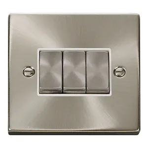 Satin / Brushed Chrome 10A 3 Gang 2 Way Ingot Light Switch - White Trim - SE Home