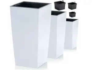 Tall Planter set of 3 Plant Pot Flower with Insert Indoor Outdoor Garden Patio White H32cm, H 50cm, H 61cm