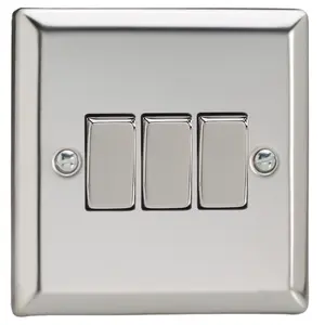 Varilight 3-Gang 10A 1- or 2-Way Rocker Switch Chrome