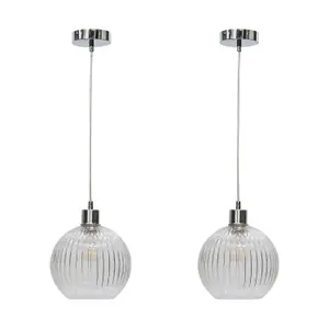 First Choice Lighting Set of 2 Betchley Clear Ribbed Glass Globe with Chrome Pendant Fittings