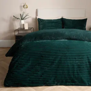 Faux Fur Ribbed Fleece Duvet Cover Bedding Set, Green - Superking