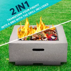 Square MgO Fire Pit with BBQ Grill, Safety Mesh Screen and Fire Poker - Light Grey - DG192