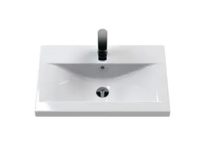 Retro 1 Drawer Wall Hung Vanity Unit with Mid-Edge 1 Tap Hole Ceramic Basin - 600mm - Satin White - Balterley