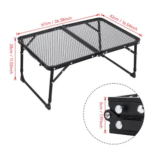 Black Aluminum Alloy Portable Outdoor Folding Camping Table with Mesh Top, Stability Brackets, and Storage Bag