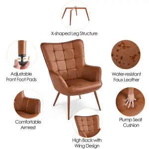 Yaheetech Brown Modern Faux Leather Accent Chair with Wood-tone Metal Legs