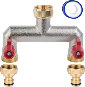 Brass 2-Way Garden Hose Tap Splitter with 2 Faucet Adapters and  PTFE Tape Durable three-quartz Outdoor Tap Connector with Valves