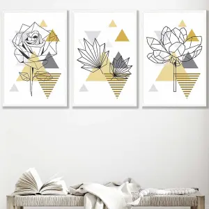 Set of 3 Framed Yellow and Grey Geometric Flowers Wall Art Prints / 50x70cm / White Frame