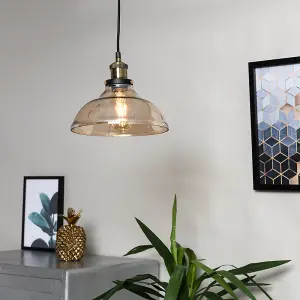 ValueLights Wallace Industrial Black and Gold Amber Glass Pendant Ceiling Light