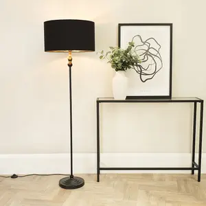 ValueLights Maggie Black Metal Candlestick Floor Lamp with Black and Metallic Gold Shade and LED Bulb