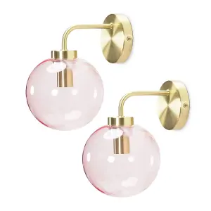 ValueLights Frenchie Pair of - Brushed Gold Metal Wall Light with Pink Tinted Glass Globe Shade - LED Bulbs Included