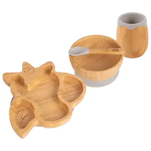 Tiny Dining - Unicorn Bamboo Suction Baby Feeding Set - Grey - 4pc