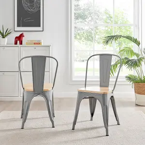 Furniturebox Set of 2 Grey Colton Tolix Style Stackable Industrial Metal Dining Chair With Pine Seat