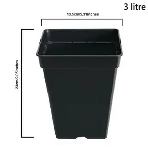 Square Plant Pot Strong Black Plastic Hydroponic Pots 3 Litres x 6 Pots