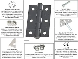 EAI - 3" Internal Door Hinges & Screws G7 FD30  - 76x50x2mm Square - Black - Pack 5 Pairs