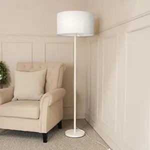 ValueLights Charles White Single Stem Floor Lamp with White Drum Lamp Shade and LED Bulb