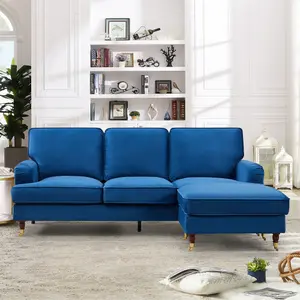 Woodbury 218cm Reversible Blue Velvet Fabric Corner Sofa Walnut Colour Legs with Brass Coloured Wheel