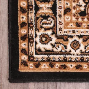 Traditional Black Bordered Floral Rug For Dining Room-67 X 200cm (Runner)