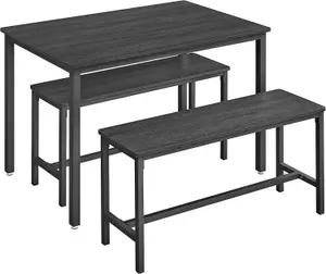 VASAGLE Dining Table with 2 Benches, 3 Piece Set, Kitchen Table, 2 Benches, Steel Frame, Ash Black and Ink Black