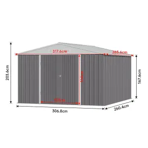 10x8ft Metal Shed Garden Storage Shed Apex Roof Double Lockable Door,Grey