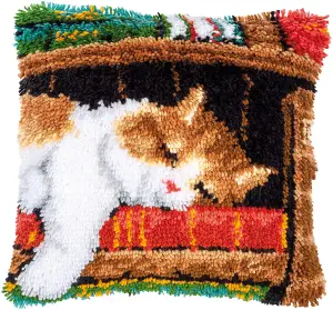 Latch Hook Kit: Cushion: Cat Sleeping on Bookshelf