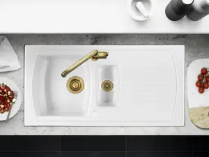 Luna Ceramic Kitchen Sink 1.5 Bowl & Drainer With Brass Waste - Reversible - SO15BWT + W90AB + W60AB