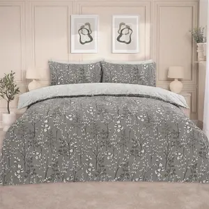 Duvet Cover Set Willow Quilt Reversible Polycotton Bedding, Grey - Single