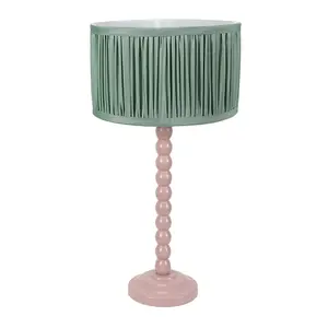 ValueLights Bobbins Painted Rose Table Lamp with Ruched Pleated Green Drum Lamp Shade