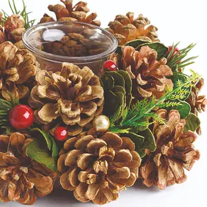 2 x Painswick Natural Pine Tealight Holders - Pinecone & Faux Greenery Candleholder, Tealights Not Included - Each H9 x 19cm