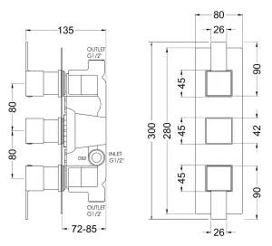 Ripple Concealed Square Triple Valve Shower Set - Chrome - Balterley