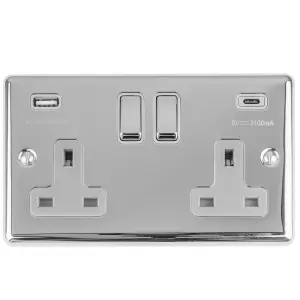 2 Gang Switched Socket with 2x USB: (1x Type A & 1x Type C) Satin Enhance Range White Trim