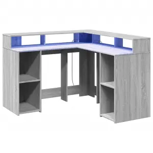 Berkfield Desk with LED Lights Grey Sonoma 130x130x91 cm Engineered Wood