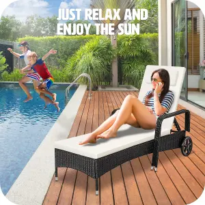 Sun Lounger - 6-position backrest, weather & UV-resistant, soft pillow, two wheels - black/beige