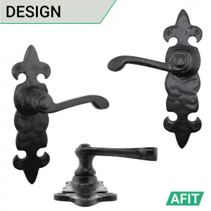 AFIT Black Antique Fleur De Lys Door Handle Latch Set - 1 Pair Cast Iron Internal Lever Latch Handles on Backplate & Latch (64mm)