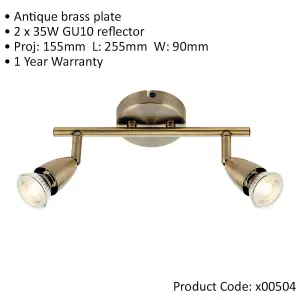 2 Way Adjustable Ceiling Spotlight Bar - 2 x 35W GU10 - Antique Brass Plate