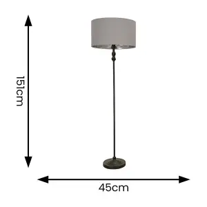 ValueLights Maggie Black Metal Candlestick Floor Lamp with Grey and Metallic Chrome Shade and LED Bulb