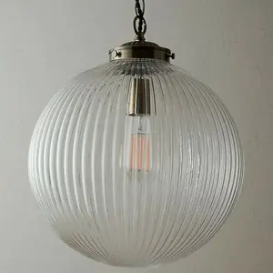 Hanging Ceiling Pendant Light BRASS & RIBBED GLASS Large Round Lamp Shade Holder