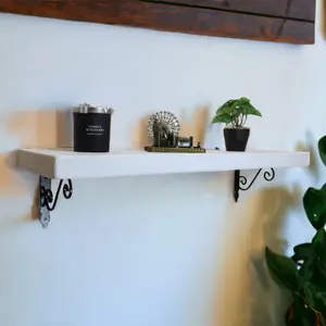 Solid Wood Handmade Rustical Shelf White 145mm 6 inch with Black Metal Bracket WOZ Length of 50cm