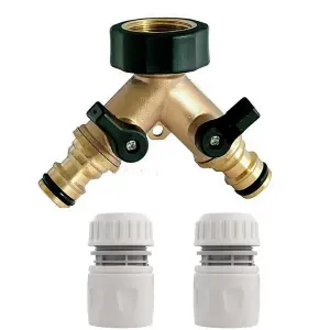 Dual Tap Brass Connector Set with 2 hose end connectors 3/4" Hazelock Universal