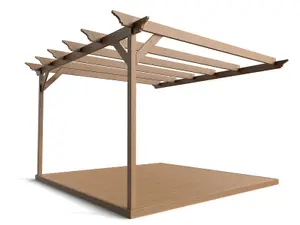 Wall mounted pergola and decking complete diy kit, Orchid design (3.6m x 3.6m, Rustic brown finish)