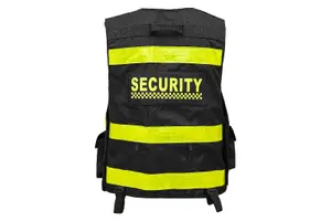 RAC3 High-Visibility Black Security Vest, Yellow Reflective Strips, Body Camera Mounts, Pockets, Adjustable Fit Up to 5XL (Black)